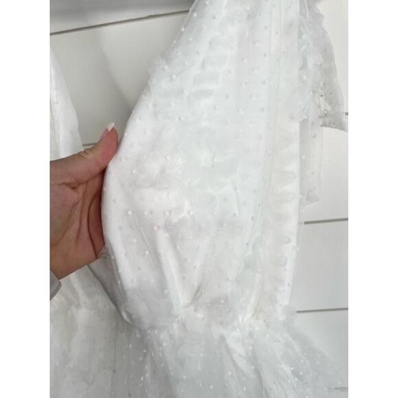 JUST ME White Lace Sleeveless Deep V-Neck Tiered Midi Dress Size L Open Back - Picture 4 of 16